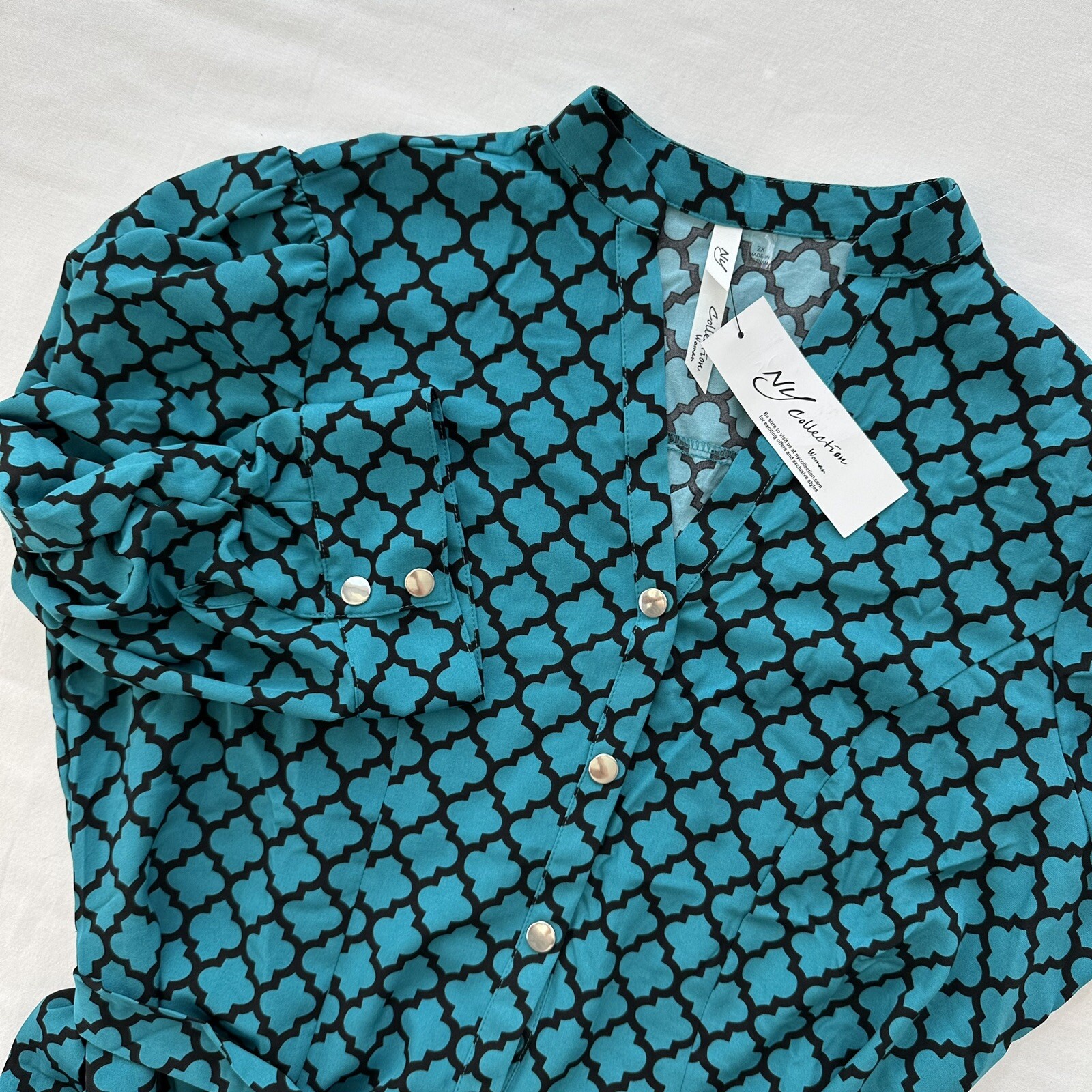 NY Collection Women’s 3/4 Rouched Sleeve Shirt Dress Size 2X Blue Geometric NWT