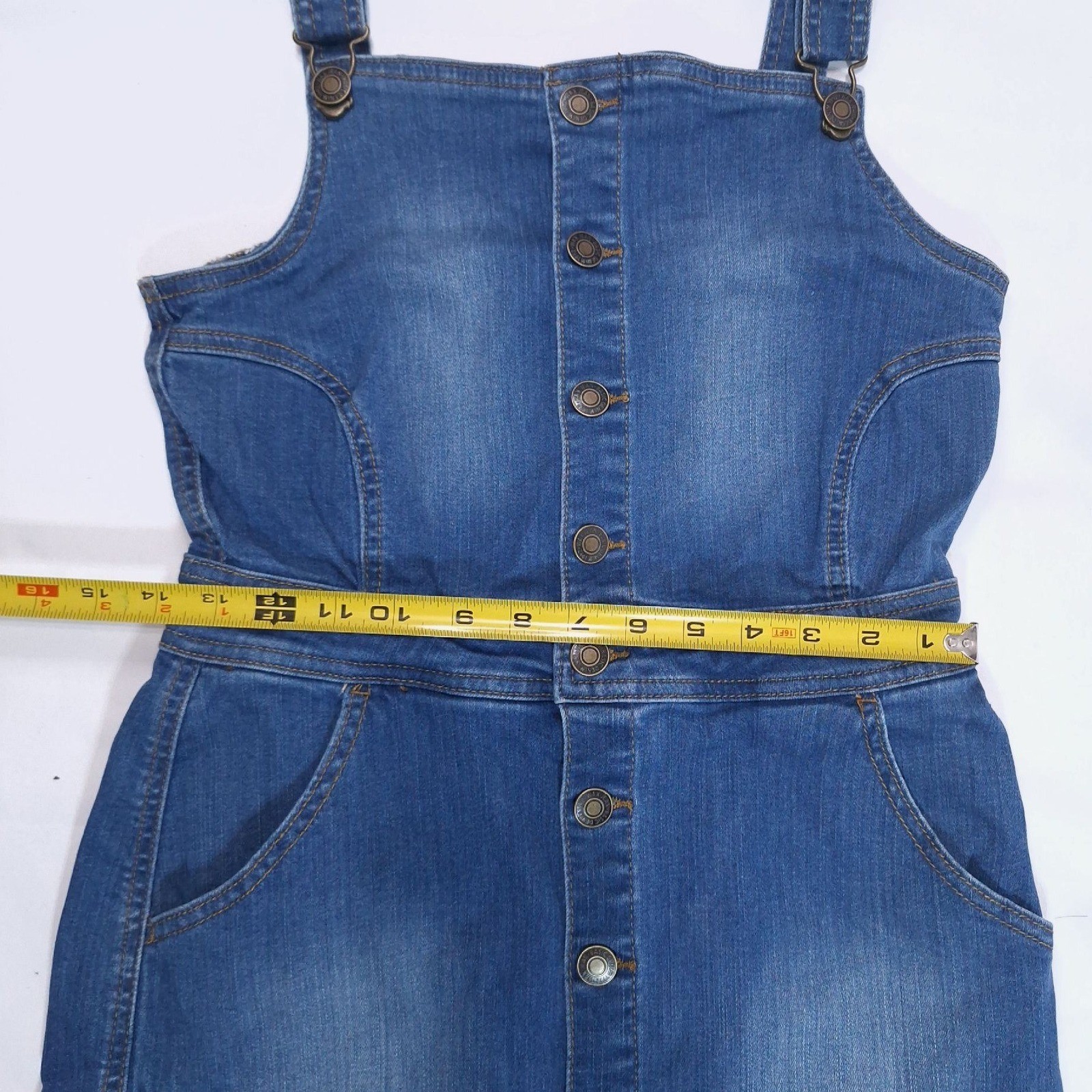 Wax Jean Button Front Denim Overall Mini Dress M Wash Blue Pinafore Raw Hem Y2K