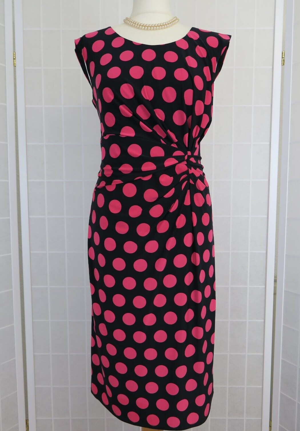Precis Dress Size 12 Black Pink Polka Dot Print Sleeveless Ruched Stretch