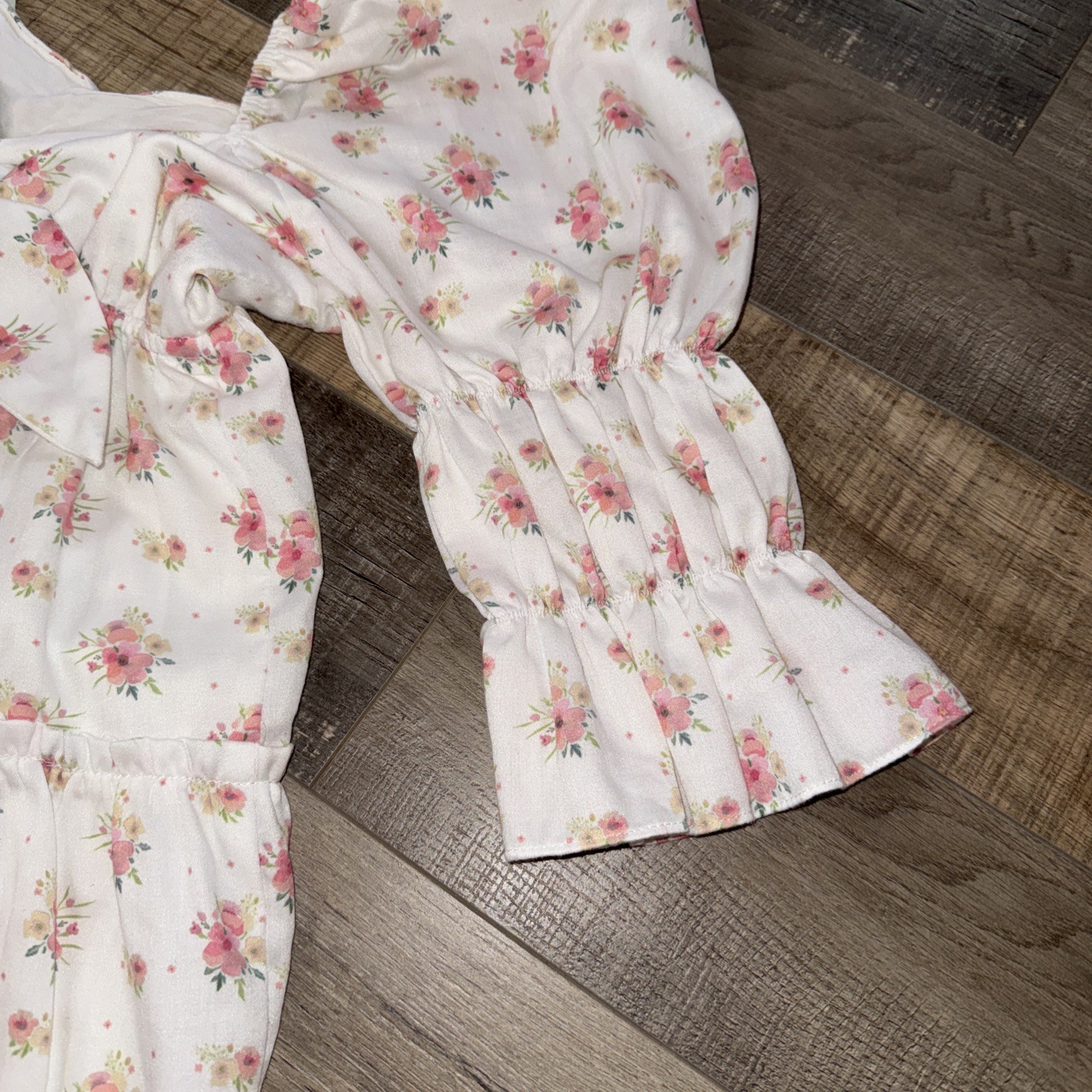 Storia White And Pink Floral 3/4 Ruffle Sleeve Tired Mini Dress Size S Cottage🔥