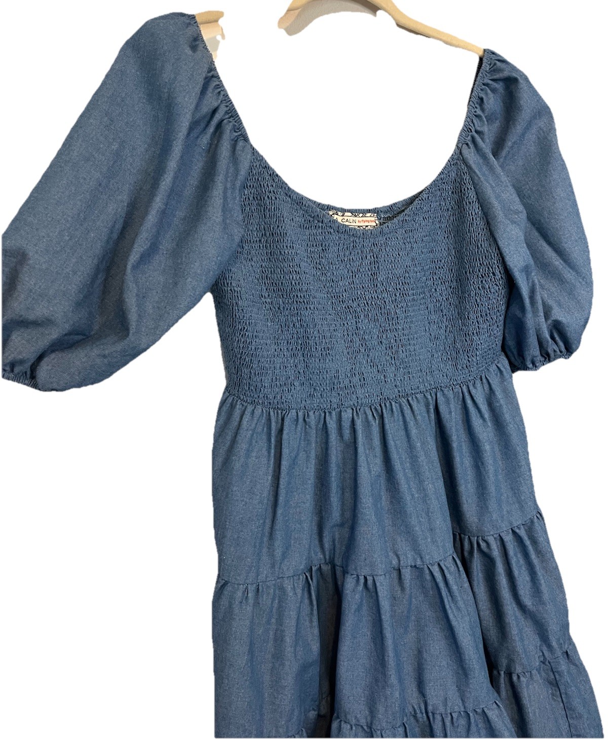 A. Calin by flying tomato Dress LARGE Short Balloon Sleeve Smocking Tiered Blue