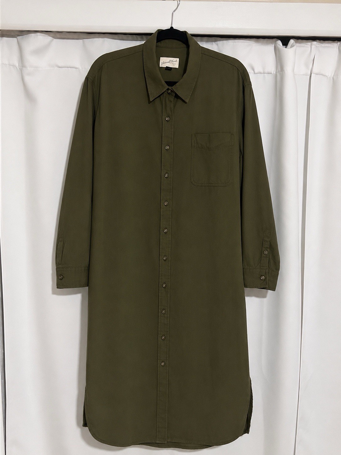 Universal Thread Green Solid Midi Shirt Dress Long Sleeve Button Front Pockets L