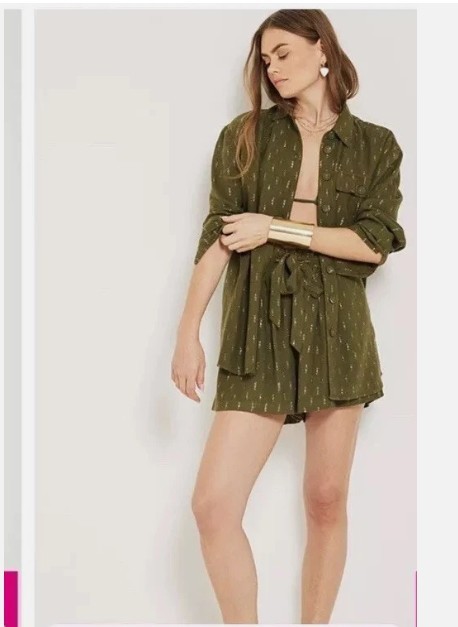 River Island Khaki Linen Blend Glitter Shorts Size UK10 Green Summer Shirt Set