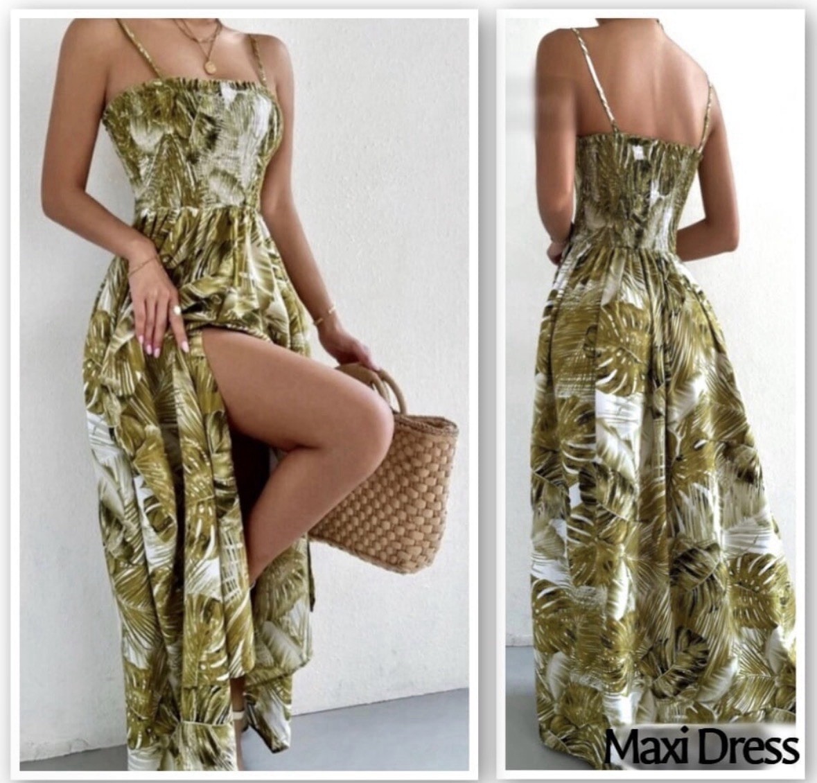 Tropical Maxi Dress, Smocked Bodice, Adjustable Straps, Slit NEW Size Large
