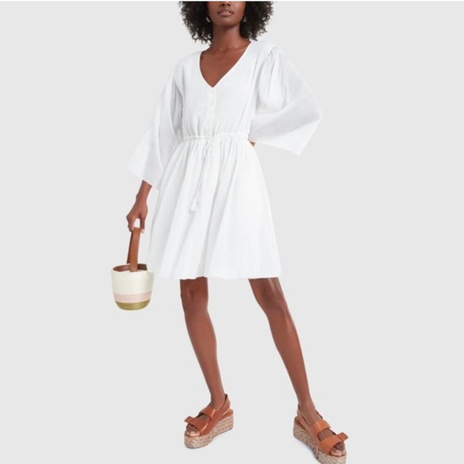 NWT ATM Anthony Thomas Melillo White Crinkle Cotton V-Neck Dress Sz. Small