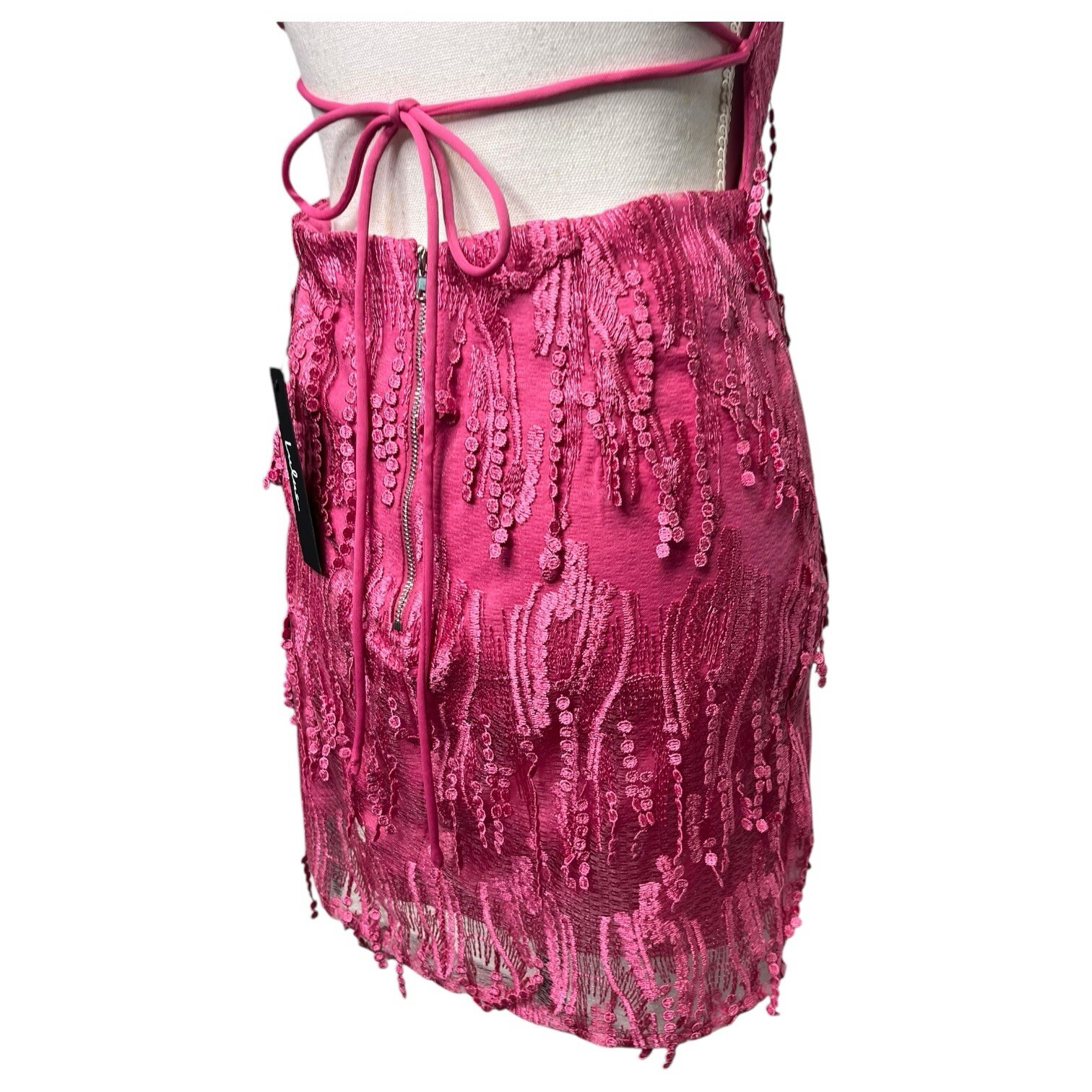New Lulus Dress Womens M Making Magic Fringe Lace Up Mini Overlay Bright Pink