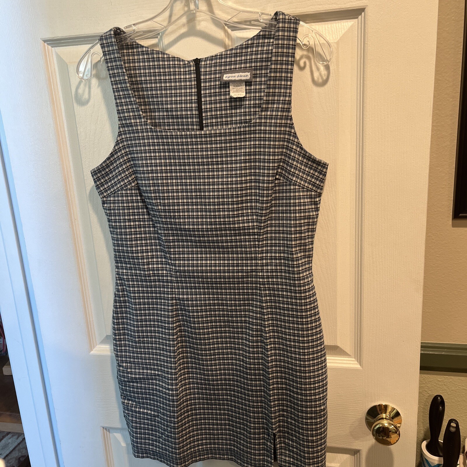 AQUA BLUES DRESS / Size 9 / Zippered / Checked / Polyester, Rayon & Spandex