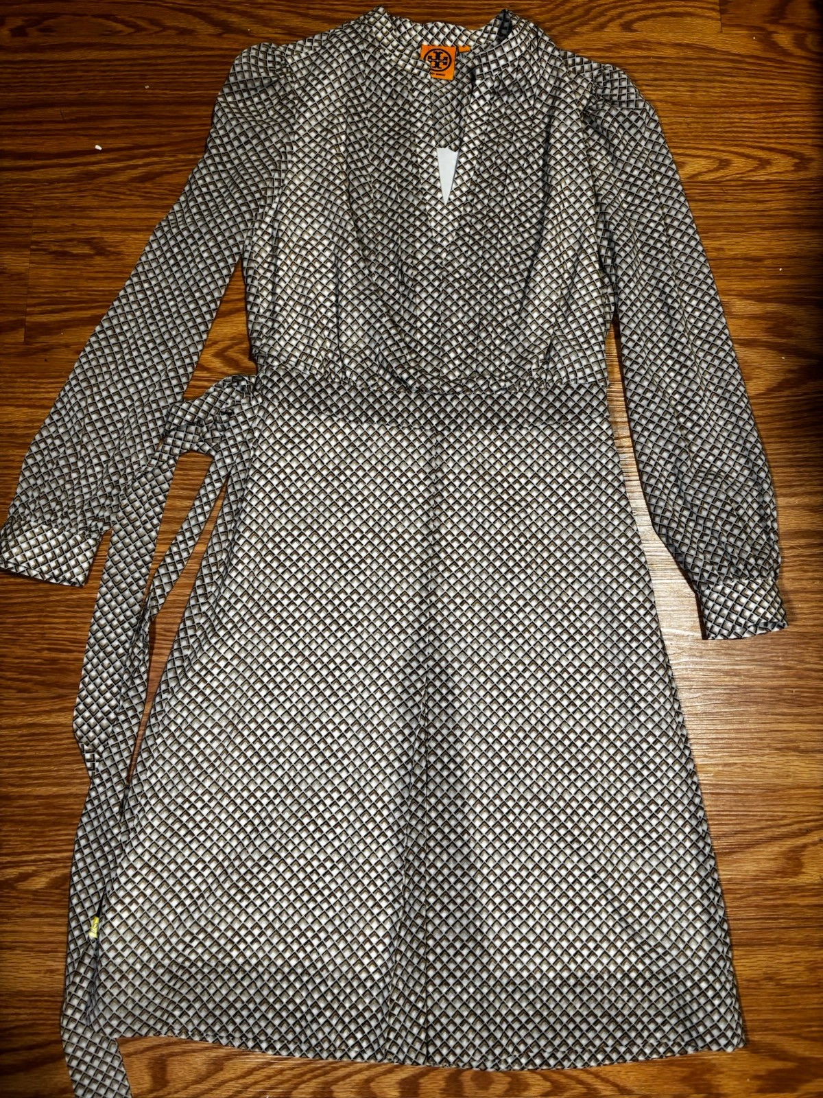 Tory Burch White/Brown Geometric Wrap Dress V-Neck Long Sleeve Belted 4