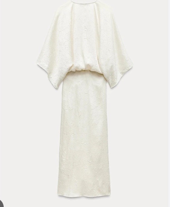 ZARA WOMAN FW24 CRINKLE EFFECT MIDI V-NECK DRESS ECRU_8227/214 SIZE M