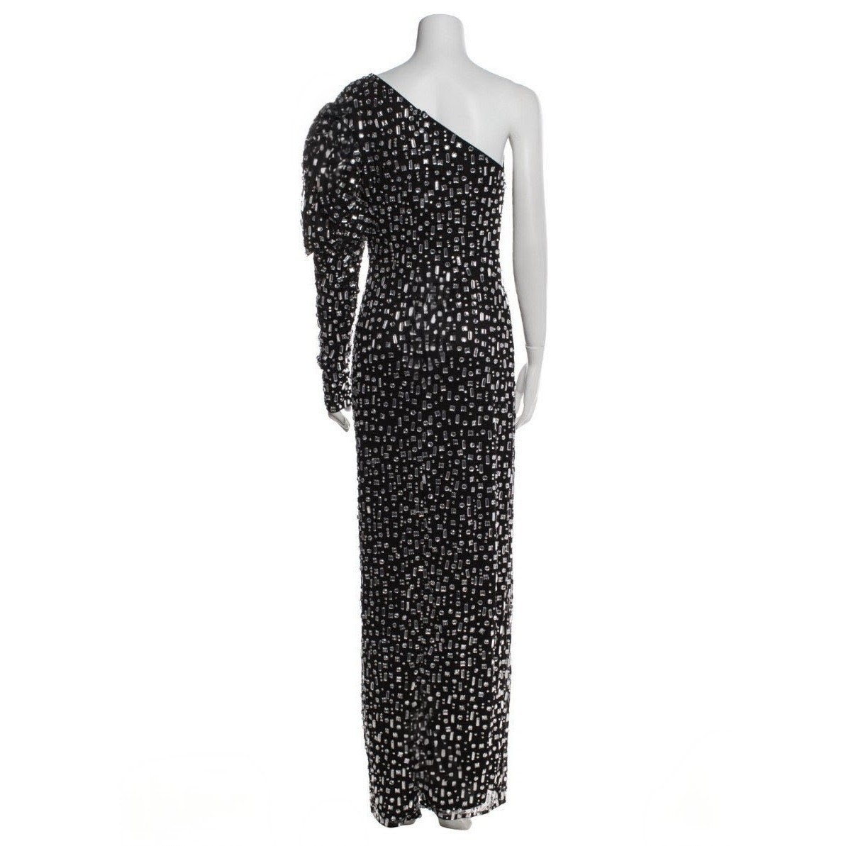 Mac Duggal One Shoulder Black Silver Crystal Puff Sleeve Back Slit Gown 8 NWT