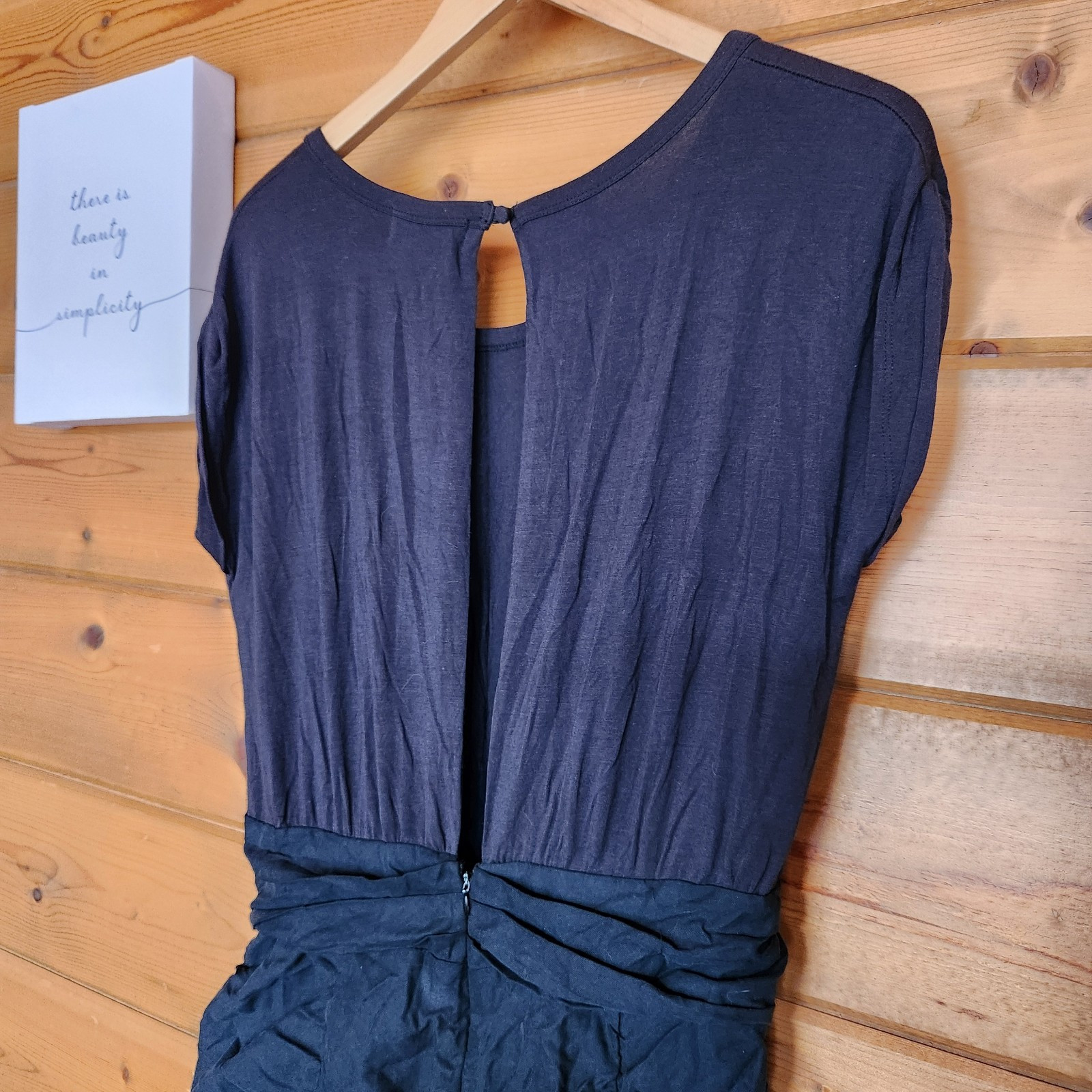 MM Couture by Miss Me Black Silk Blend Cut Out Back Ruched Blouson Stretch Sz L