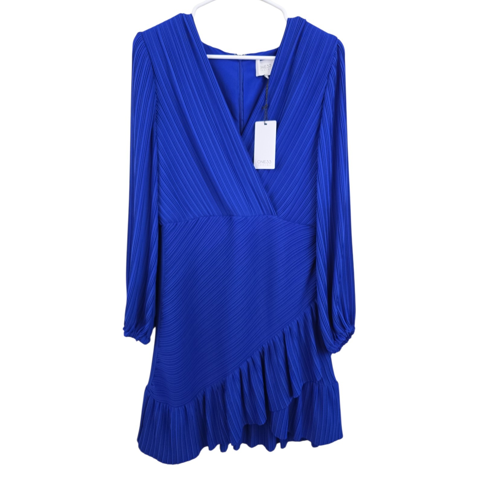 $355 ONE33 Social Women’s Blue Ruffled Pleated Surplice Neck Dress Size 10