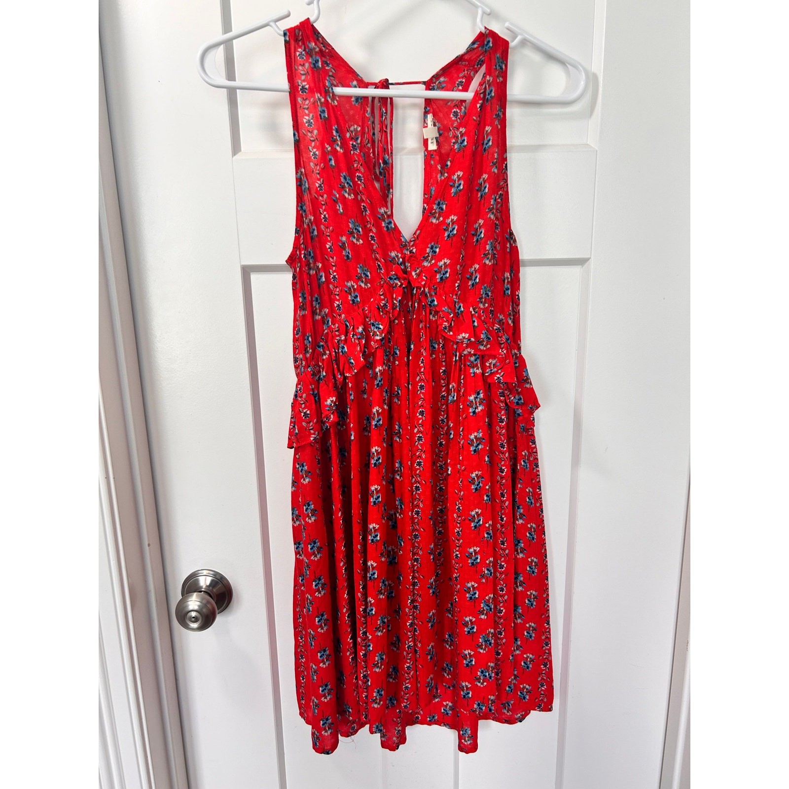 En Creme Women’s Floral Print Ruffle Mini Fit & Flare Dress Red Blue Size Small