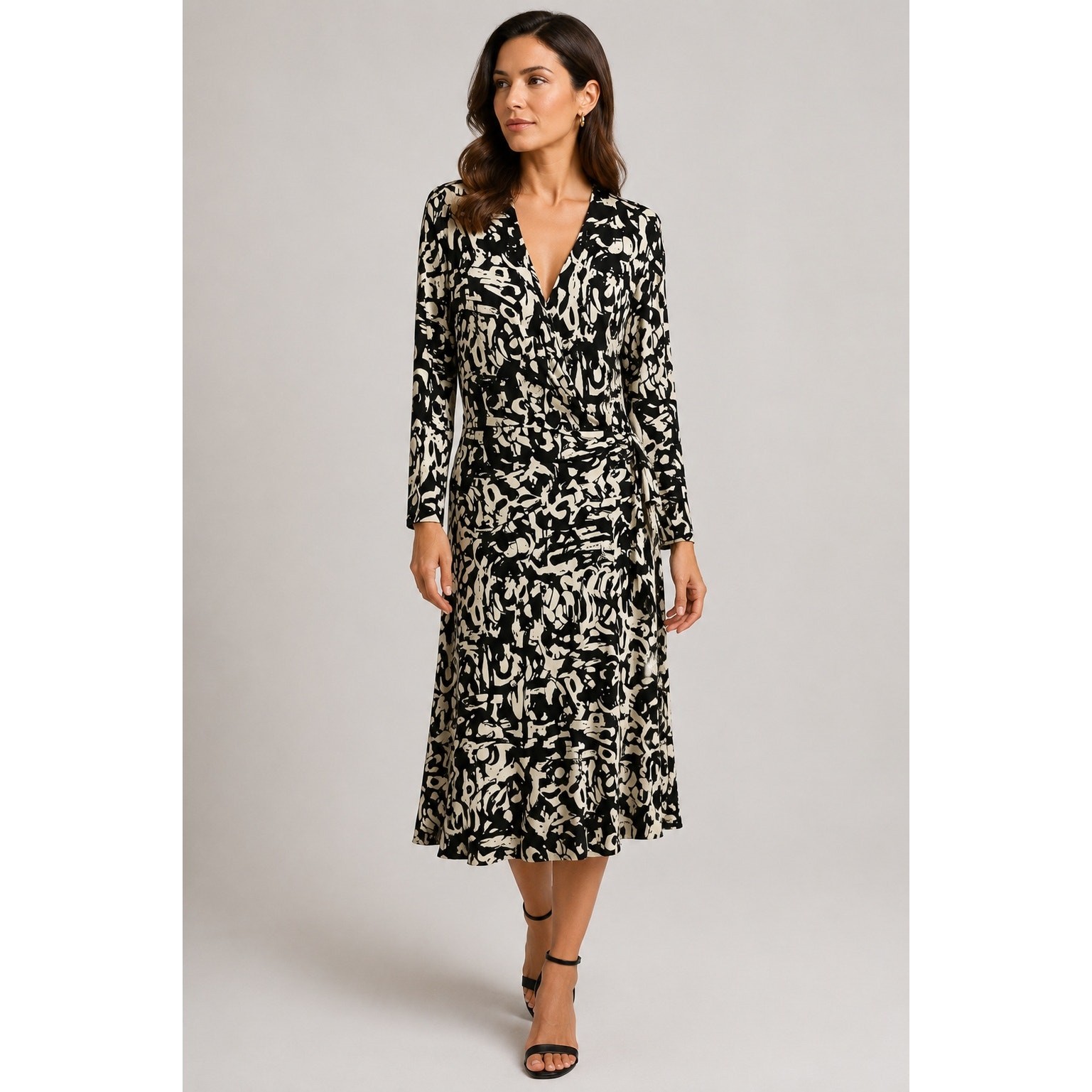 CHICOS Travelers Rowan Dress Wrap Ruched Black White Art Geo Print sz 2 12 14 Lg