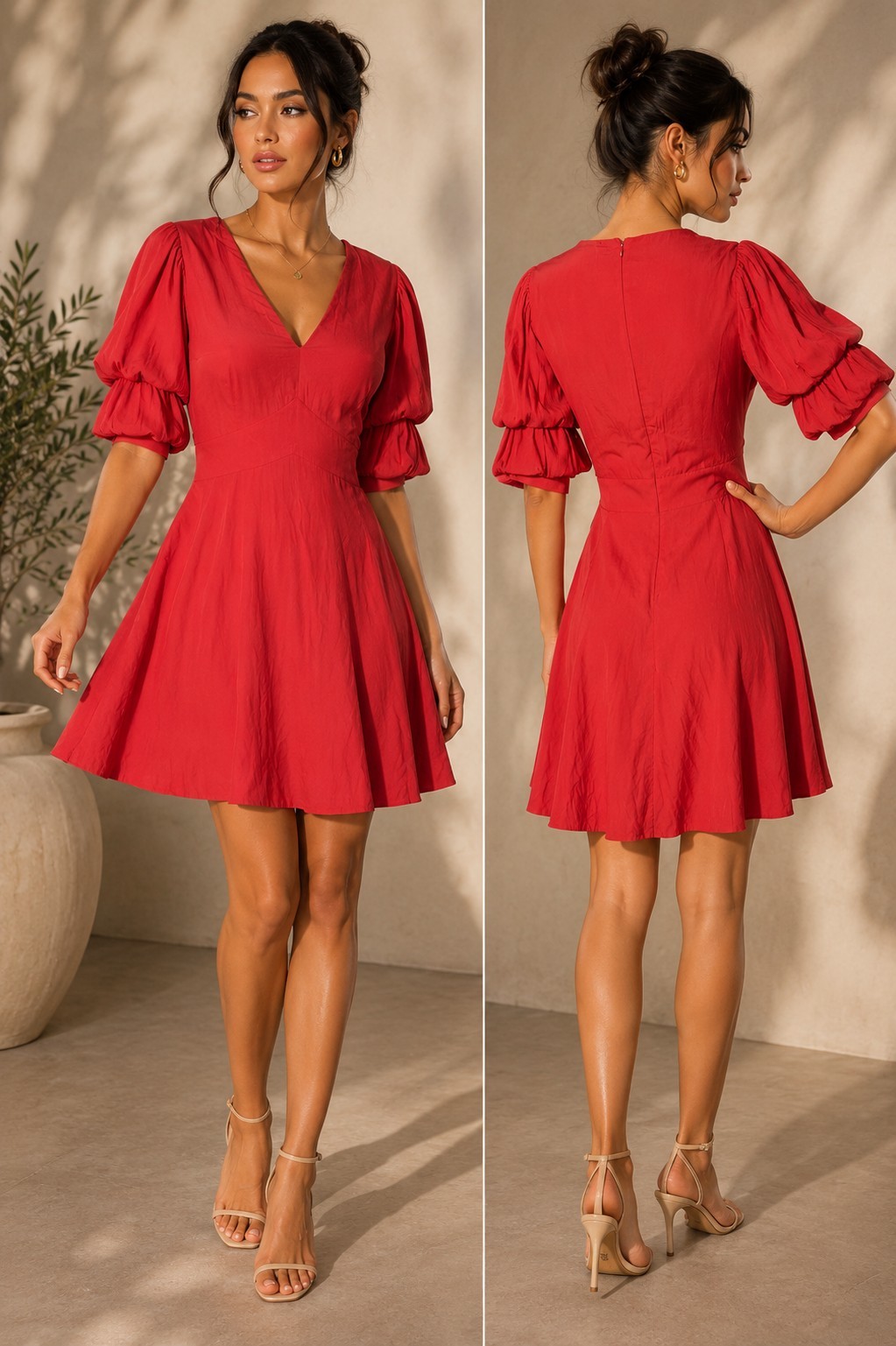 1.STATE M Red Solid V-Neck 3/4 Puff Sleeve Short A-Line Dress Zip Ruffle