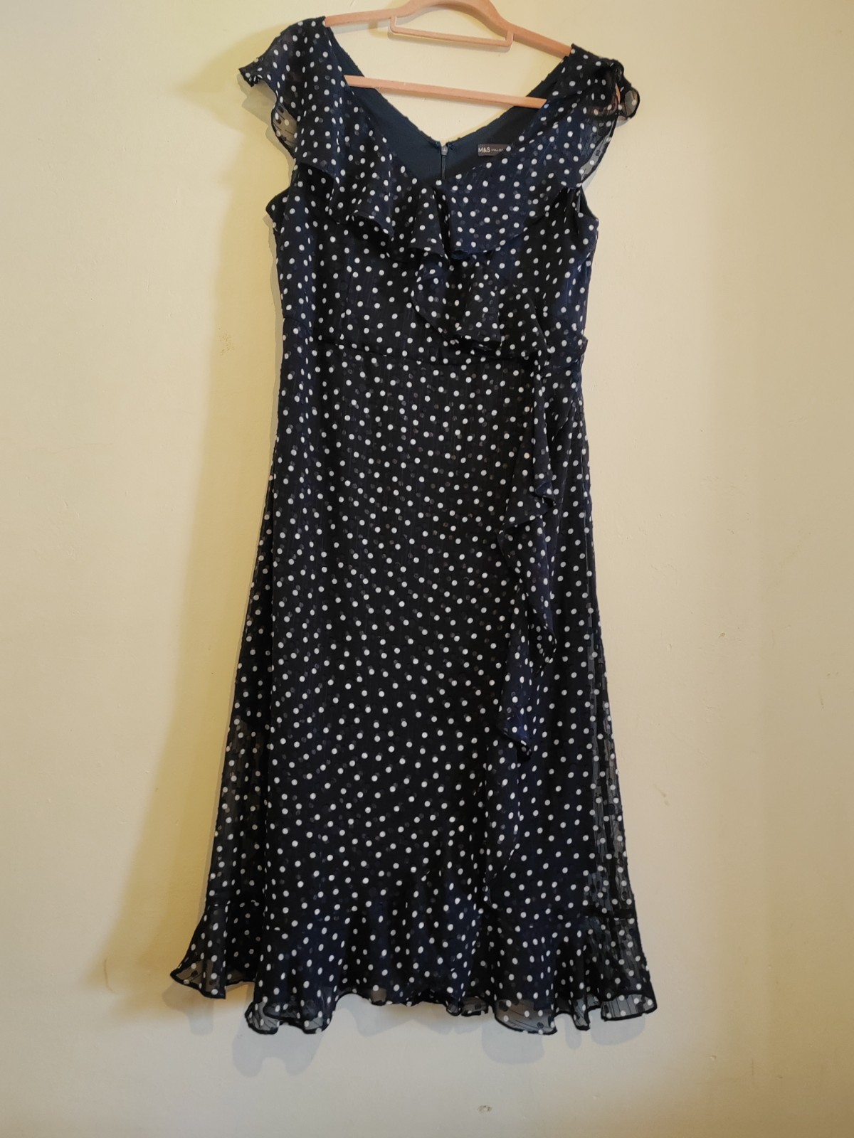 M&S Collection Navy blue White Polka Dot Dress Size 14 spotty peplum tulle lace