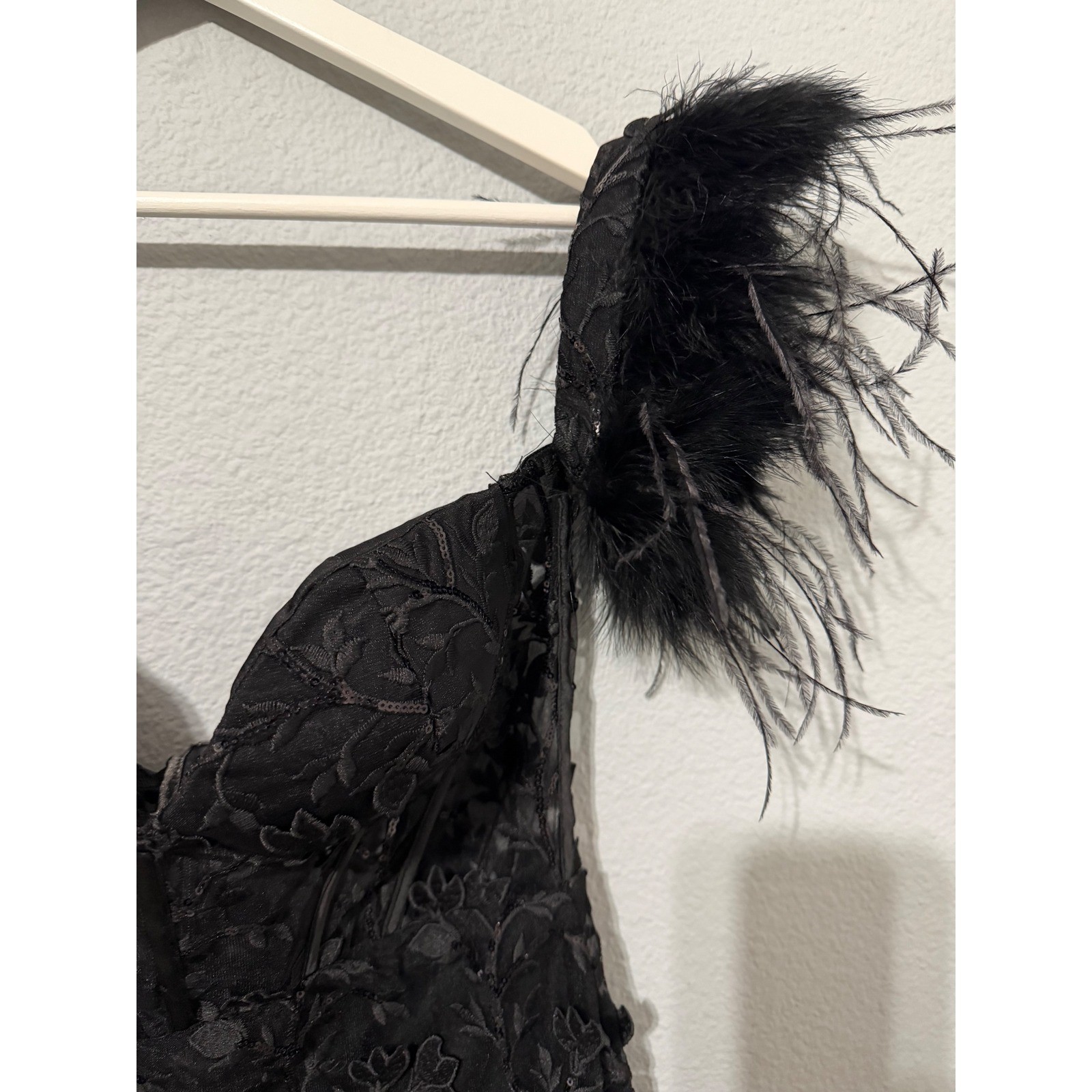 Goth Corset Mini Dress XL Black Sequin Embroidered Feather Off-the-Shoulder Glam
