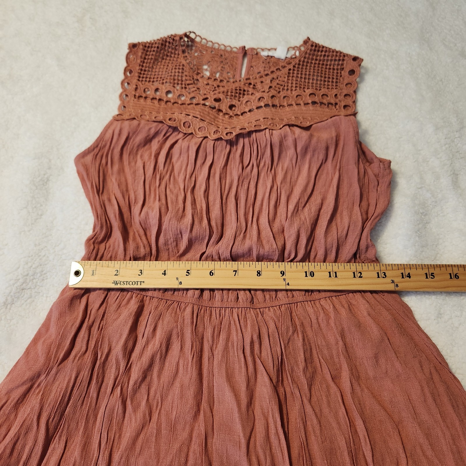 MINE Blush Pink Crochet Lace Accents Sleeveless Smocked Lined Mini Dress Size S