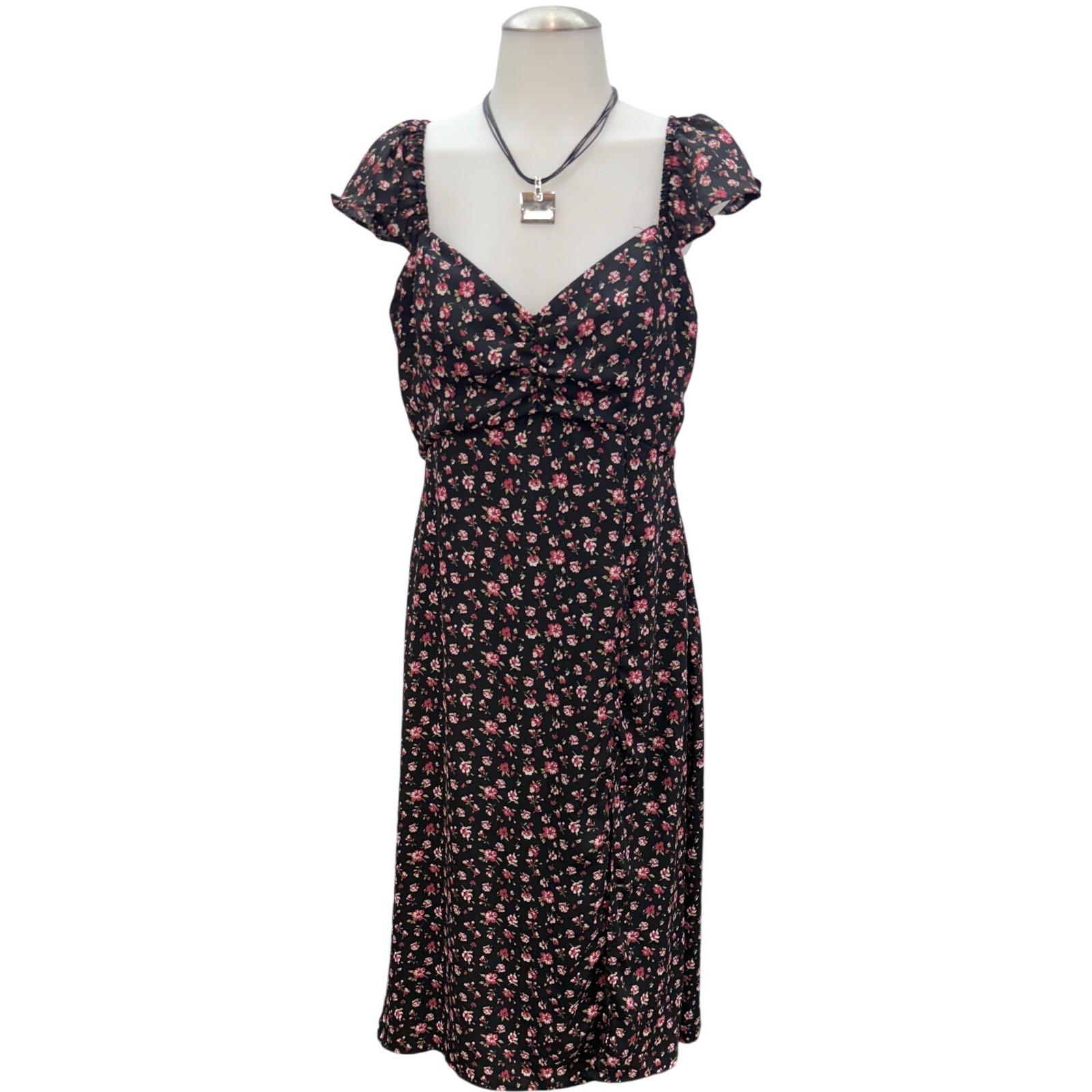 Lola Grace Floral Midi Dress Womens Medium Black Pink Flutter Sleeve Cottagecore