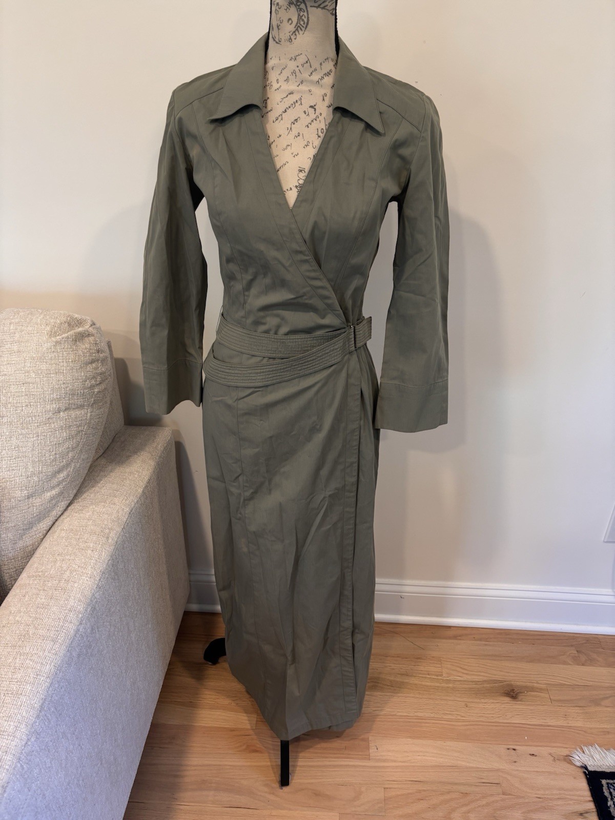 Vintage 1990s Thierry Mugler olive green wrap trench dress size FR 38/US 6