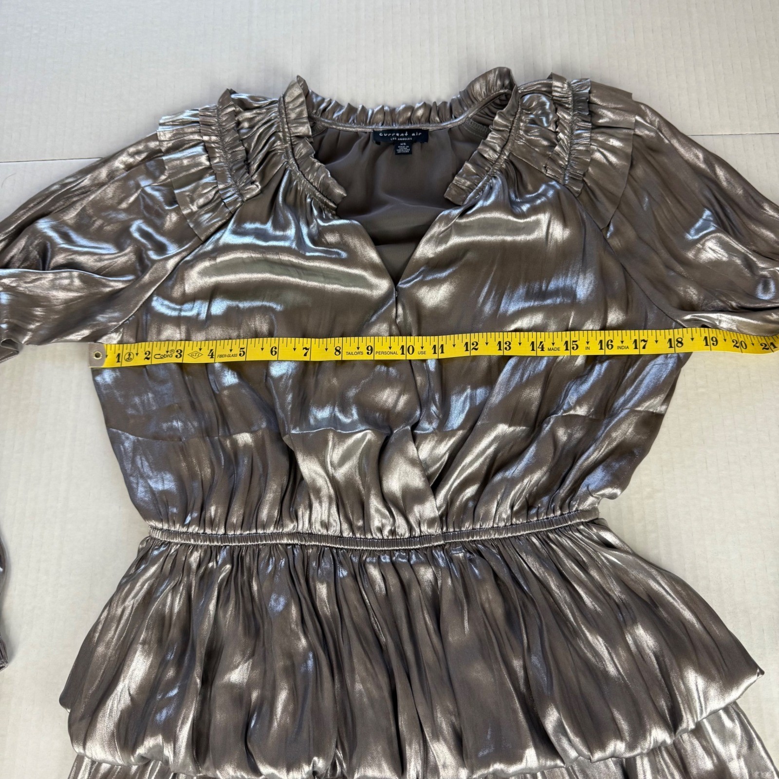 Current Air Los Angeles Silver Metallic Long Sleeve Ruffle Tiered Mini Dress XS