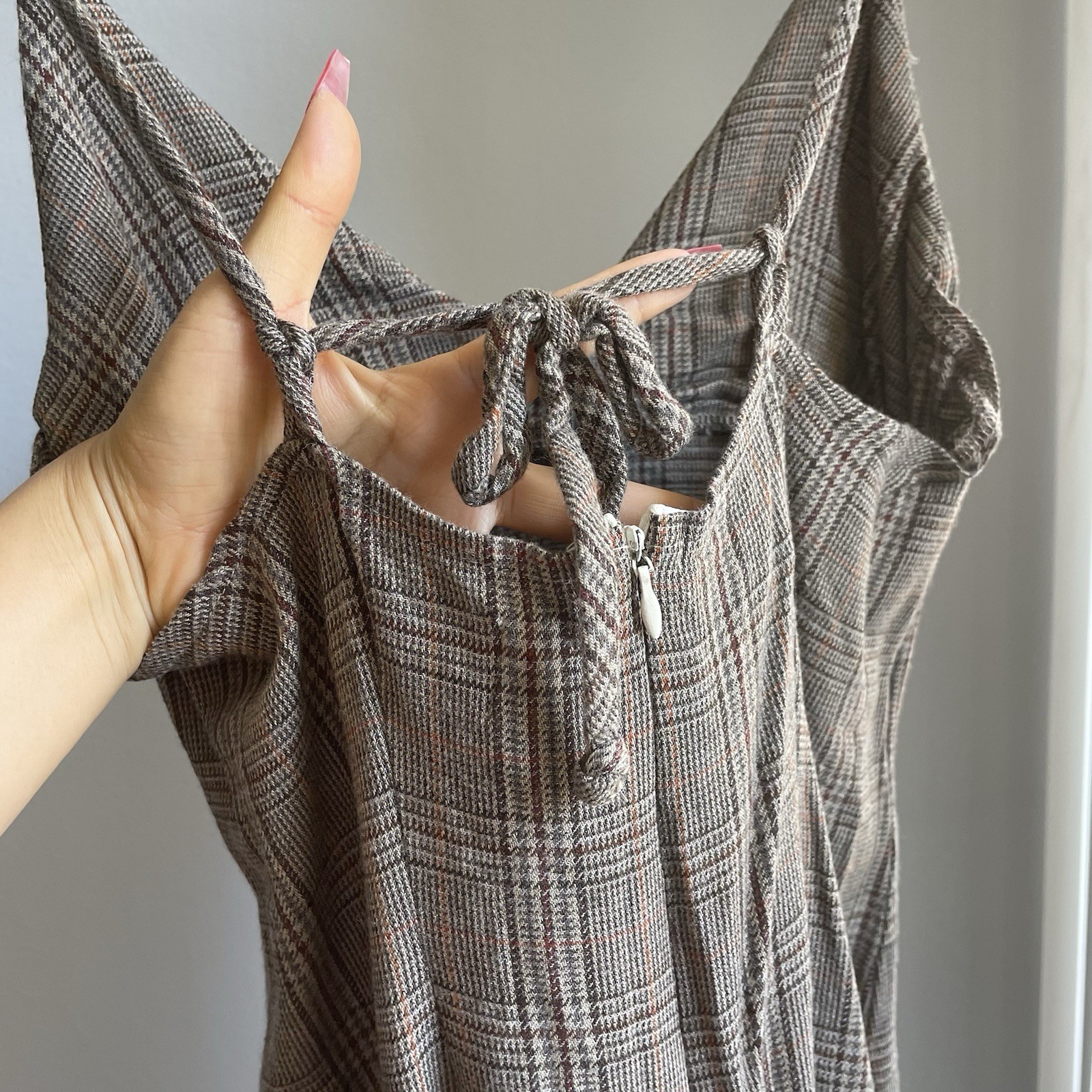 PurrrMelrose Wool V Neck Plaid Patterned Tie Back Mini Slip Dress in Brown