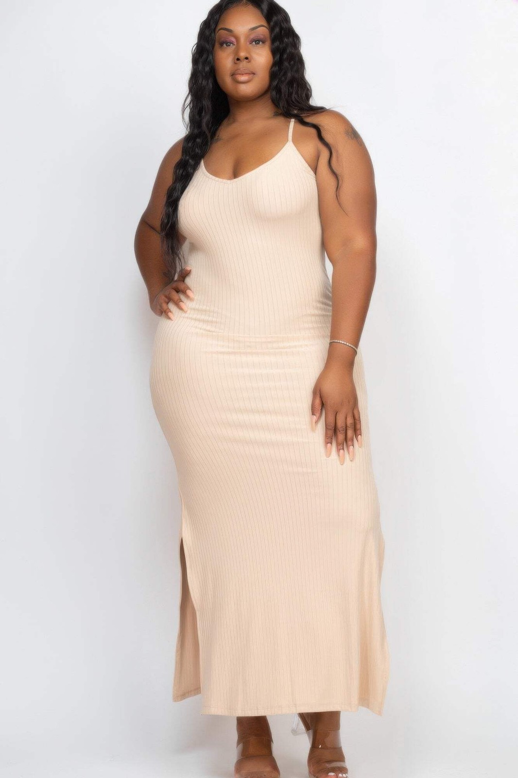 Plus Size Ribbed Side Slit Long Cami Maxi Dress