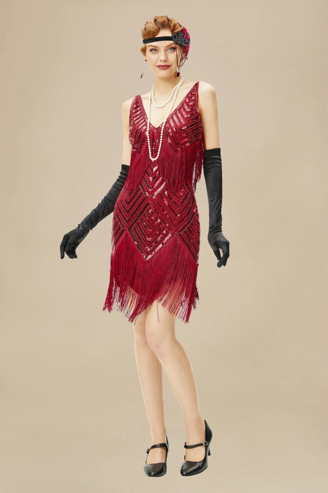NEW Babeyond Beaded Sequin Fringe Flapper Gatsby Dress Women’s Small Maroon