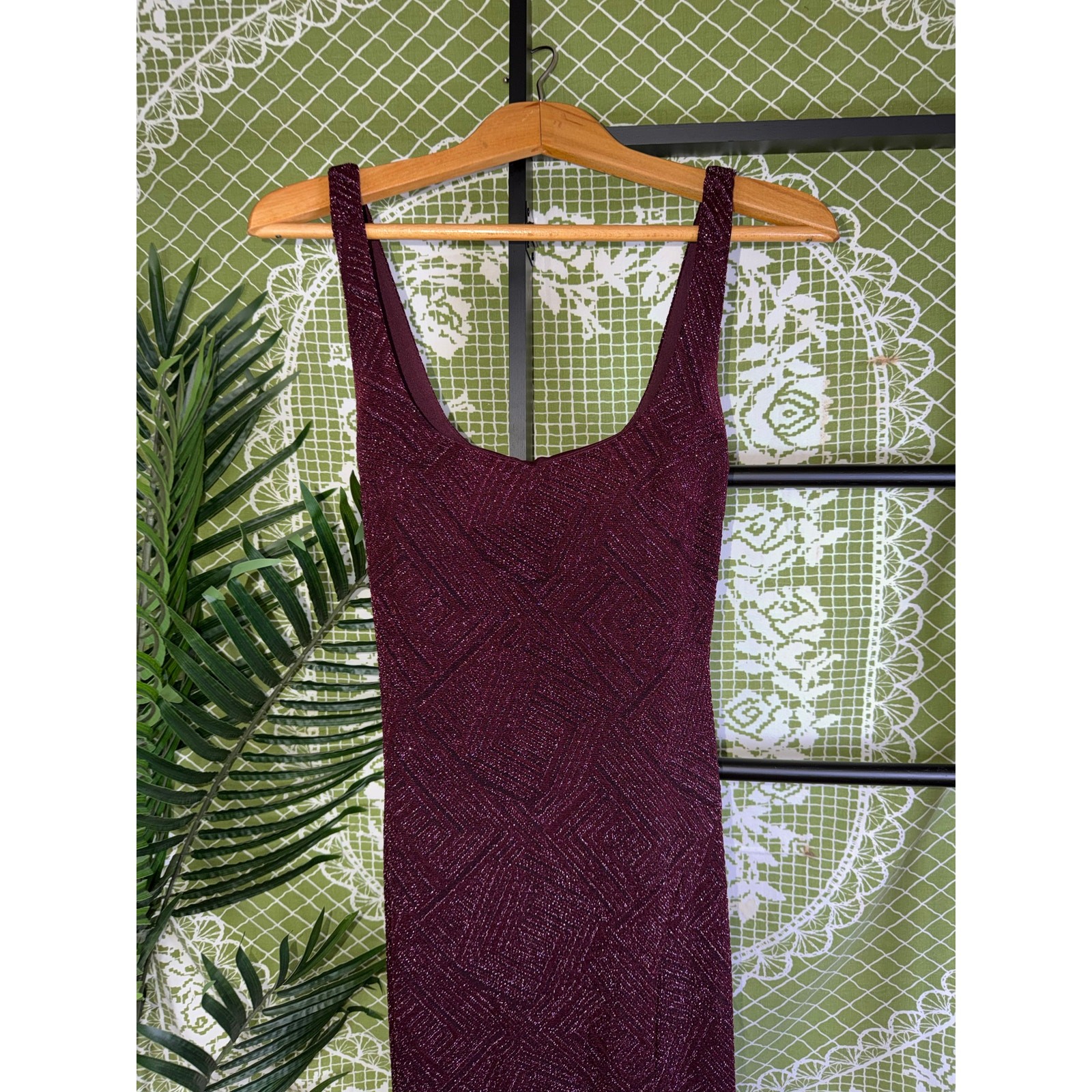 Sequin Hearts Maroon Glitter Geometric Maxi Dress Side Slit Sz 5