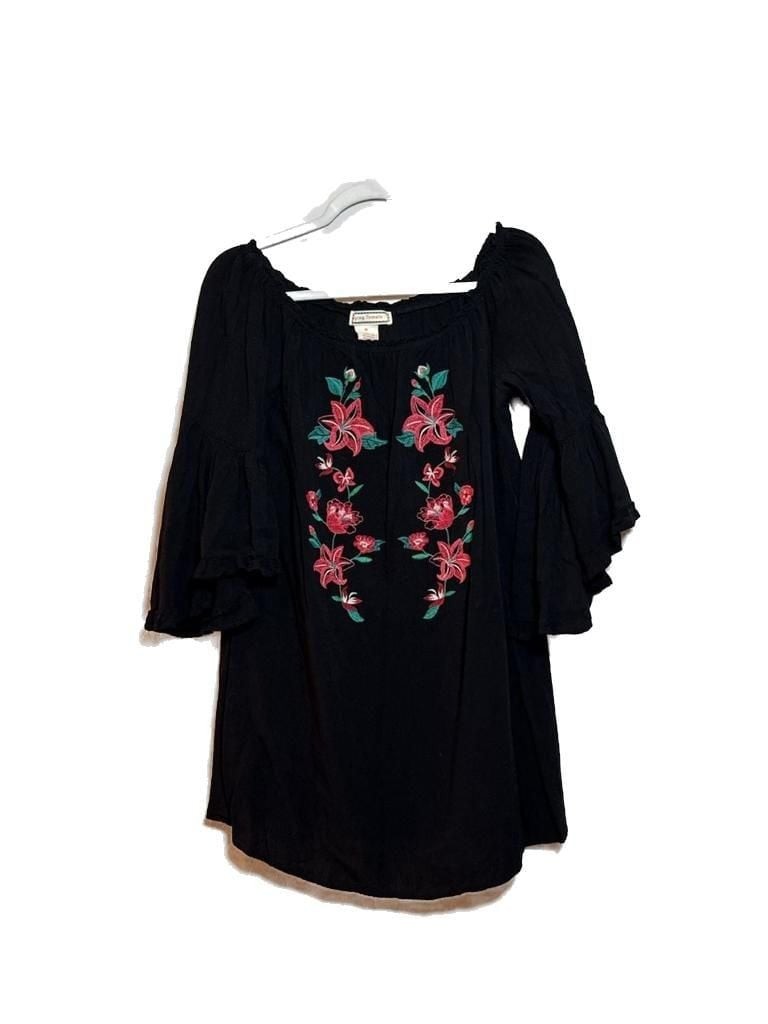 M Flying Tomato Black Floral Embroidered Off-Shoulder Bell Sleeve Tunic/Dress