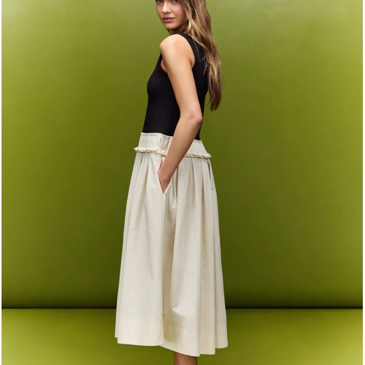 Plan C Black Cream Fit Flare Midi Dress SIZE 10 Romantic Cotton Designer $375