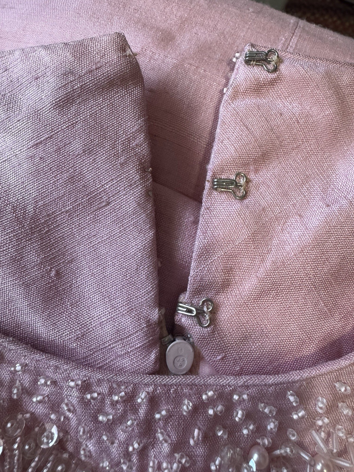 Vintage Pink Hand Beaded Cocktail Dress | Pearls Silk | 60’s Jackie O Glam
