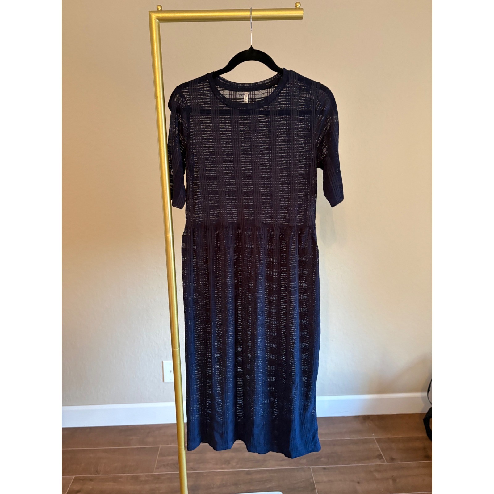 Navy Blue Sheer Mesh Midi Dress Short Sleeve Crew Neck M Layering Minamalist