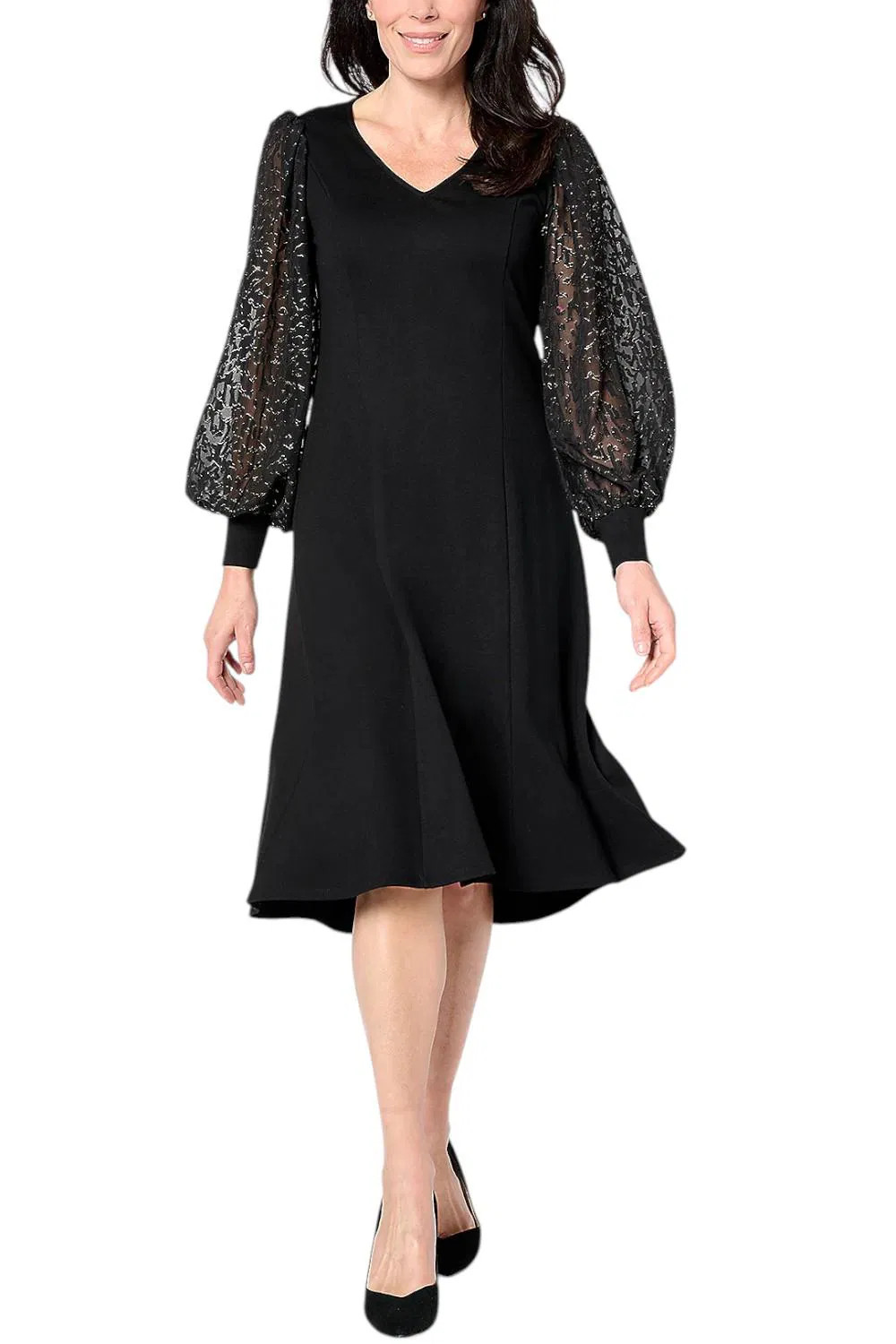 Dennis Basso Women’s Ponte Dress with Metallic Accent Sleeves Black