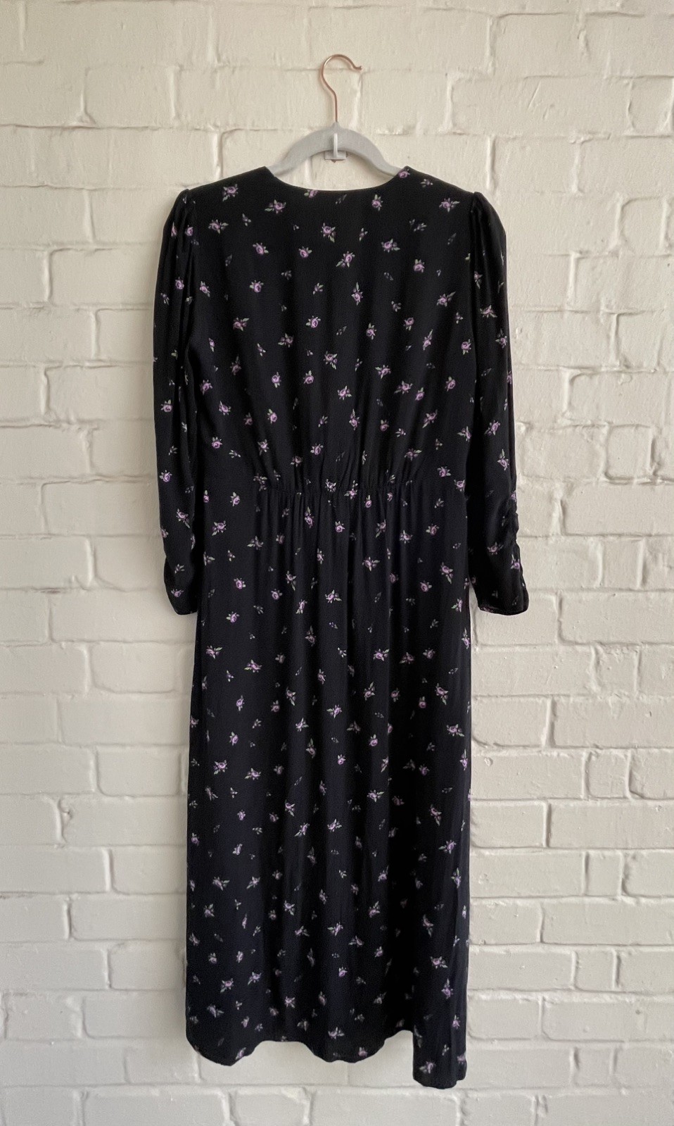 Mango MNG Black & Purple Floral Midi Dress M 3/4 Sleeve Viscose Dress Women’s
