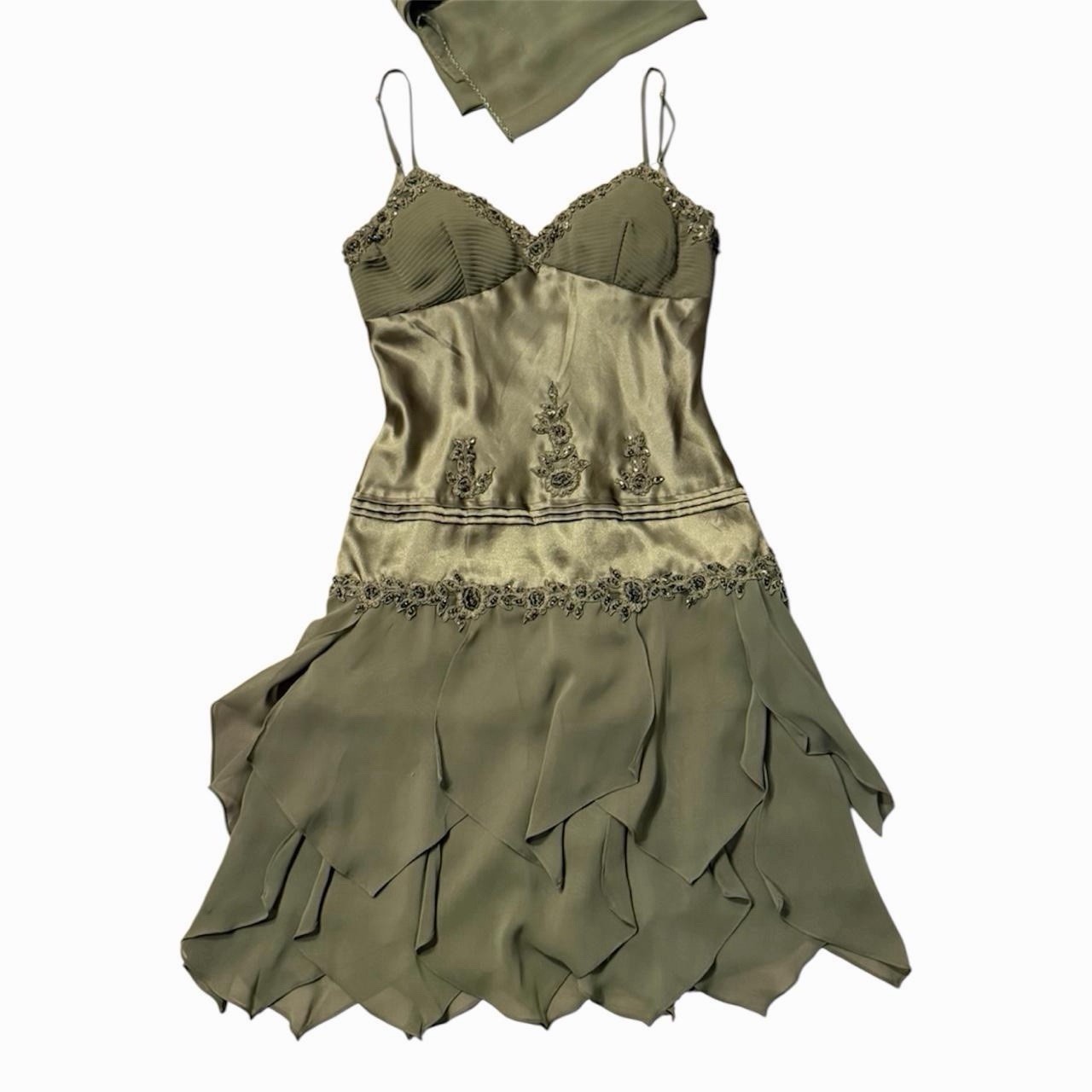 Interlude Green Satin Embroidered Sequin Slip Dress V-Neck Adjustable Straps M