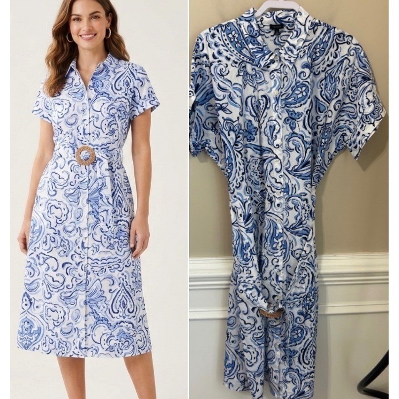 Talbots Womens Size 18 Midi Shirt Dress Butterfly Paisley Belted Blue White
