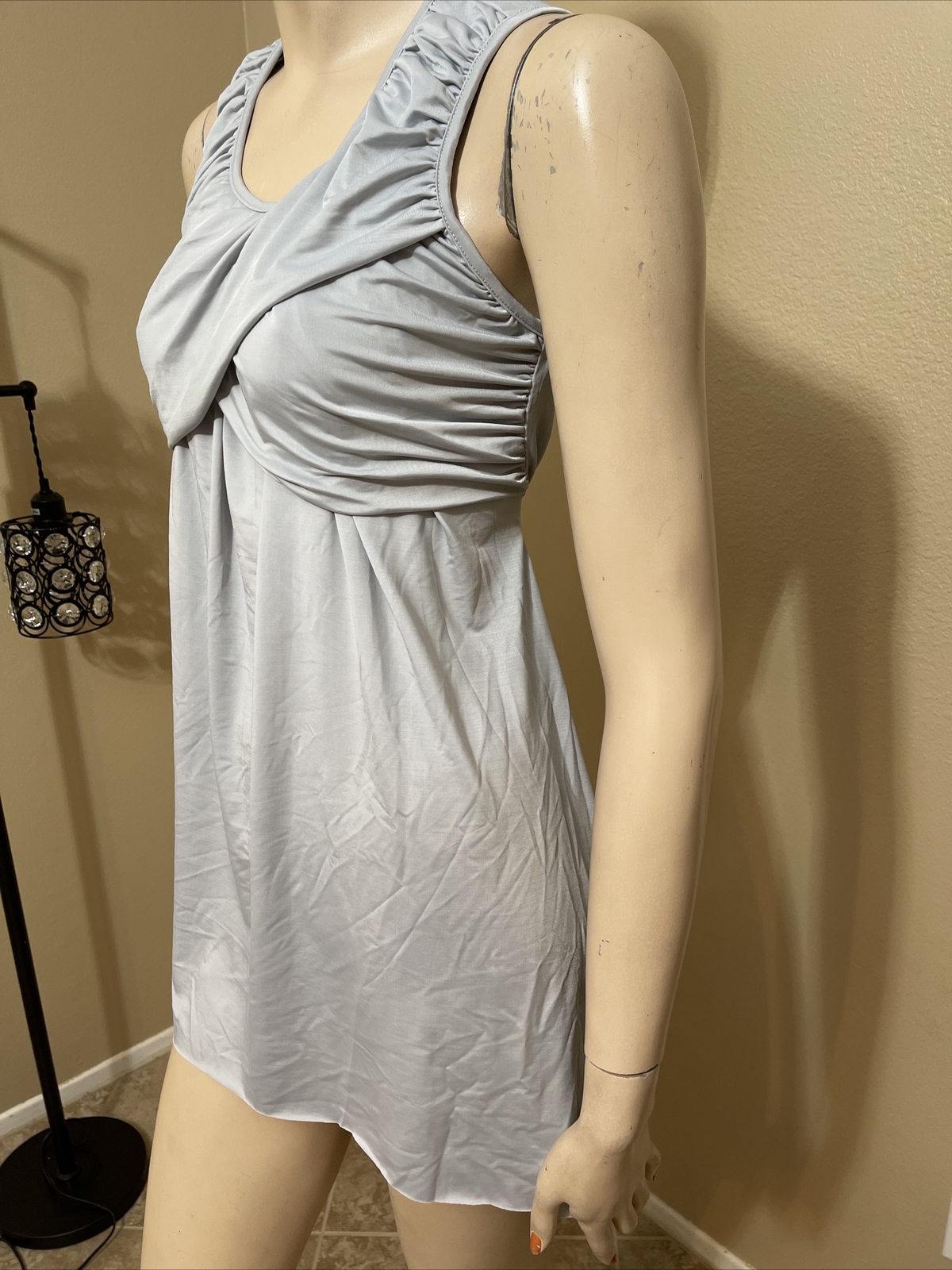 Women’s Blue Grey Polyester Casual Summer Tied Ruffles Mini Size L Blouse Dress