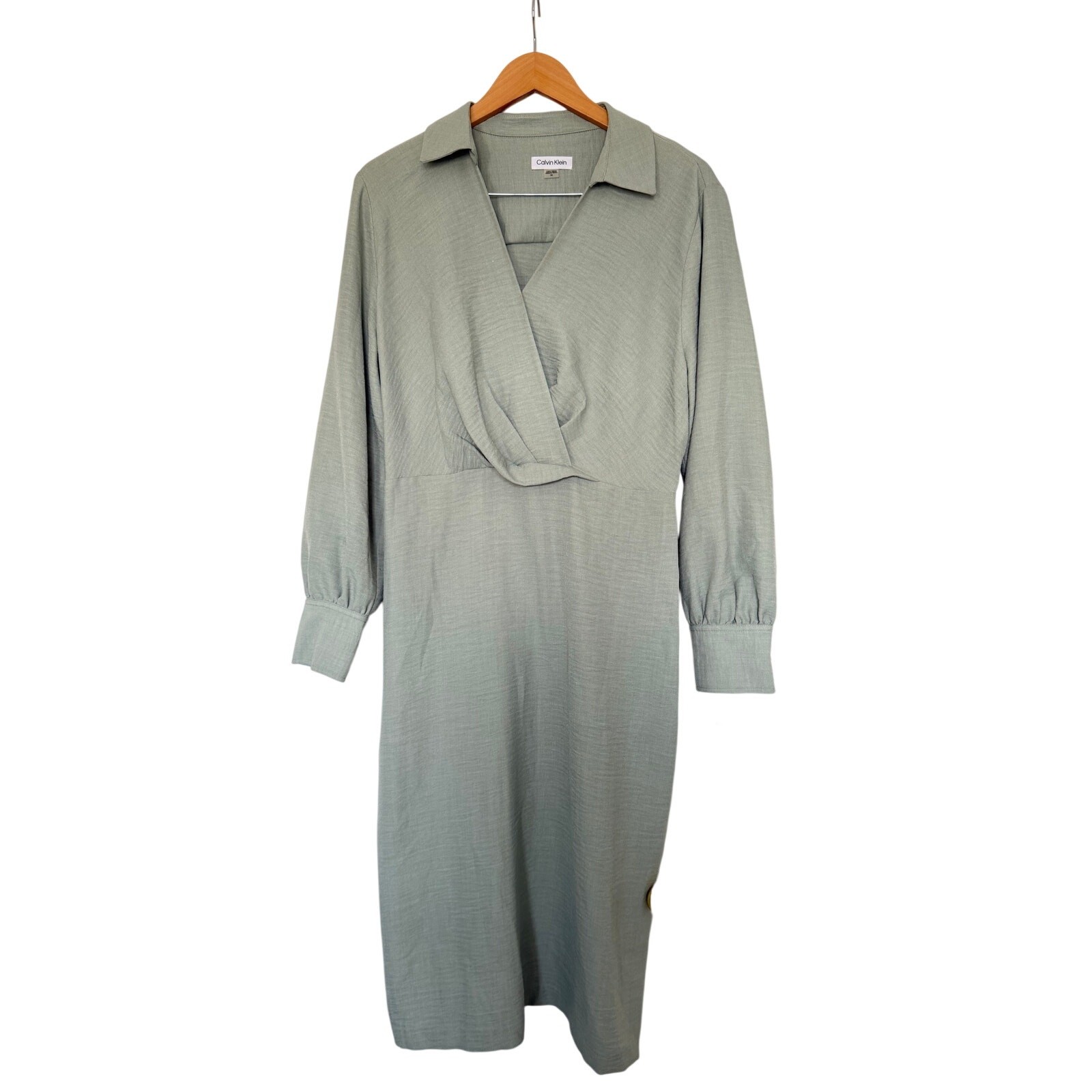 CALVIN KLEIN JEANS Sage Green Regular Fit Dress Plus Size 14 Long Sleeve Midi