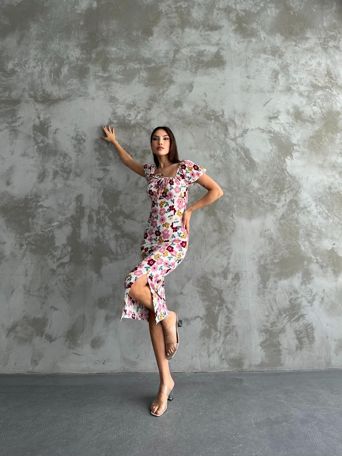 Mixed Patterned Pink Wafer Chest Tie Strap Dress