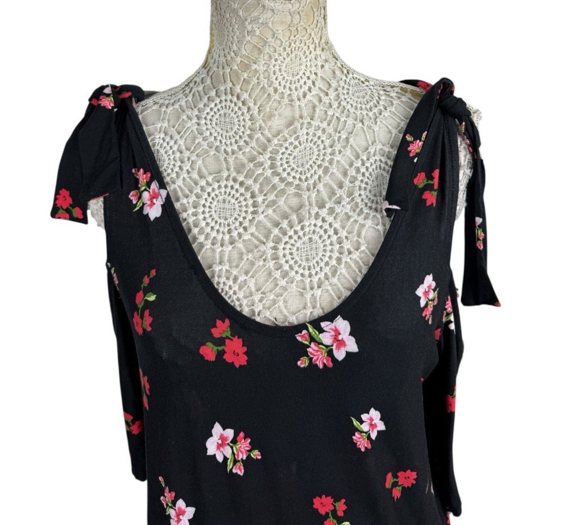 Black Floral Summer Dress Cold Shoulder Sleeve Knee Length Women’s UK Size 14