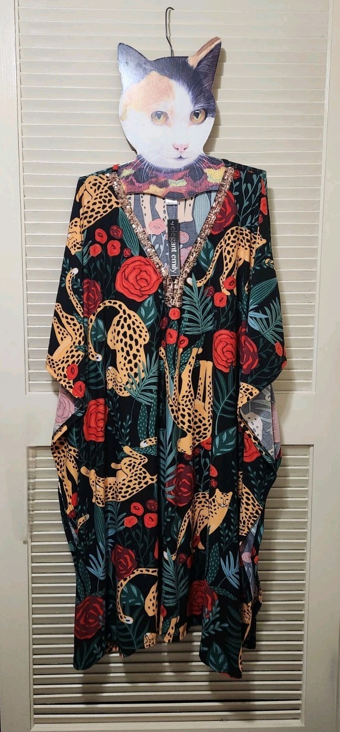 🌹ONE SZ 14-3X🐆 ELEGANT EMILY Red Roses CHEETAH Sequin KAFTAN Lounger Dress