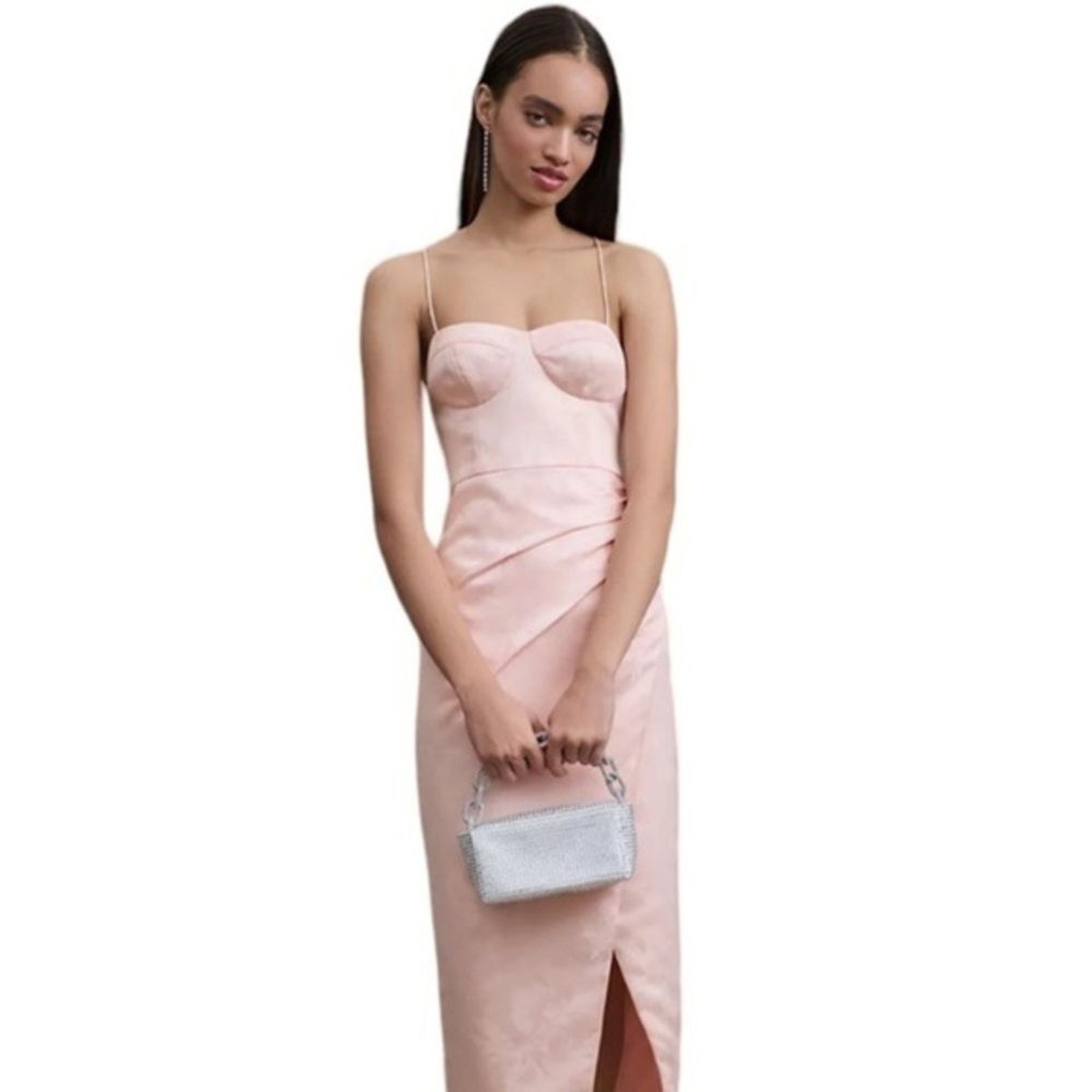 ANTHRO BHLDN CORSETED BABY PINK LONG RUCHE SIDE LINED MAXI CRISS CROSS DRESS 12