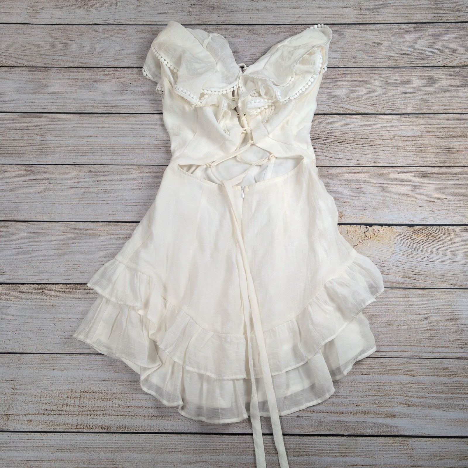 Saints + Secrets White Ruffle Lace Up Back Mini Dress | boho coquette Womens S