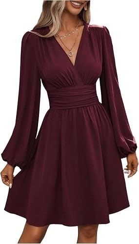 Soly Hux Women’s Burgundy Long Sleeve Faux Wrap High Waist Elegant Dress Size-XL