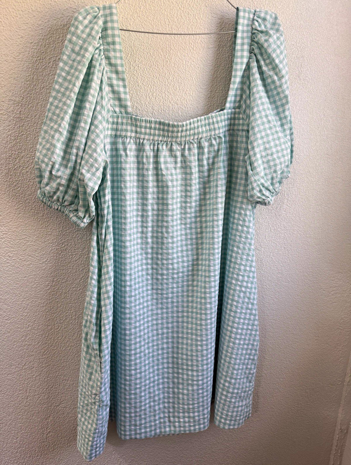 Vineyard Vines Green White Gingham Seersucker Square Neck Puff Dress XL