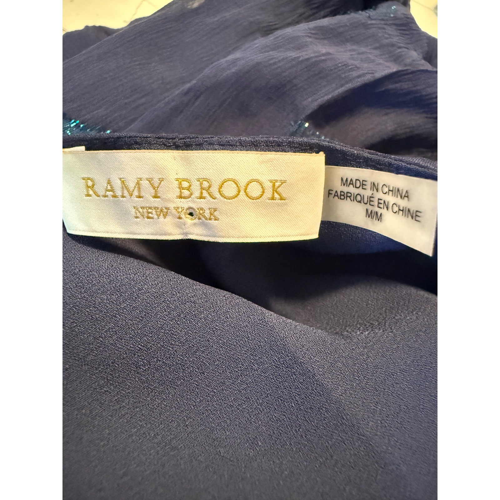 Ramy Brook Navy Blue Metallic Feather Silk Ruffle Mini Dress M boho whimsidainty