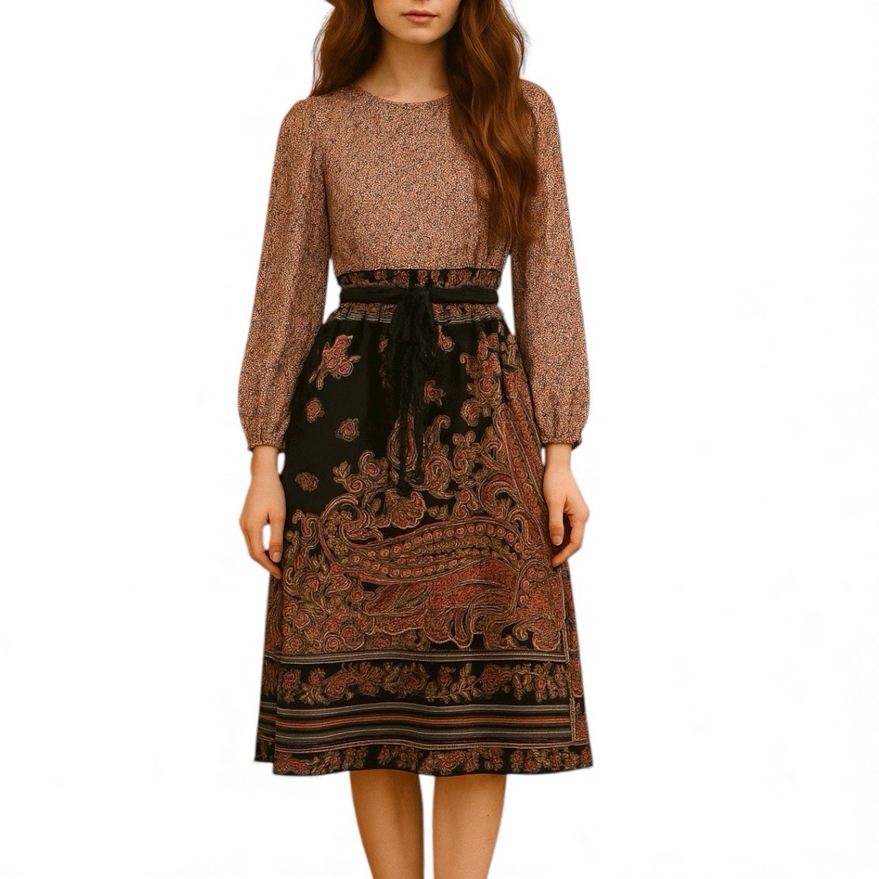 Vintage Boho Midi Dress WMNS 6 Black Paisley Long Sleeve Peasant 70s Cottagecore
