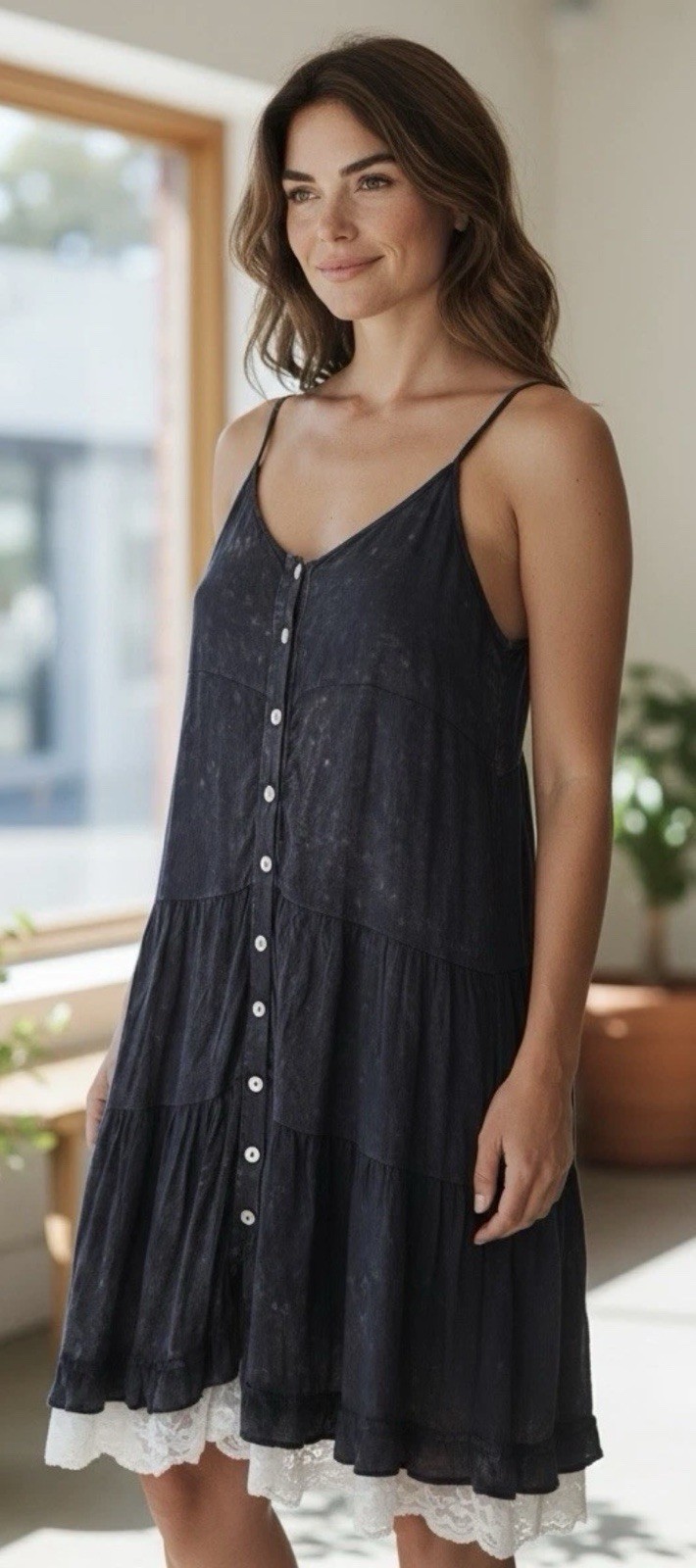 POL Women’s Button-Front Sun Tunic Dress Lace Hem Size Small NEW