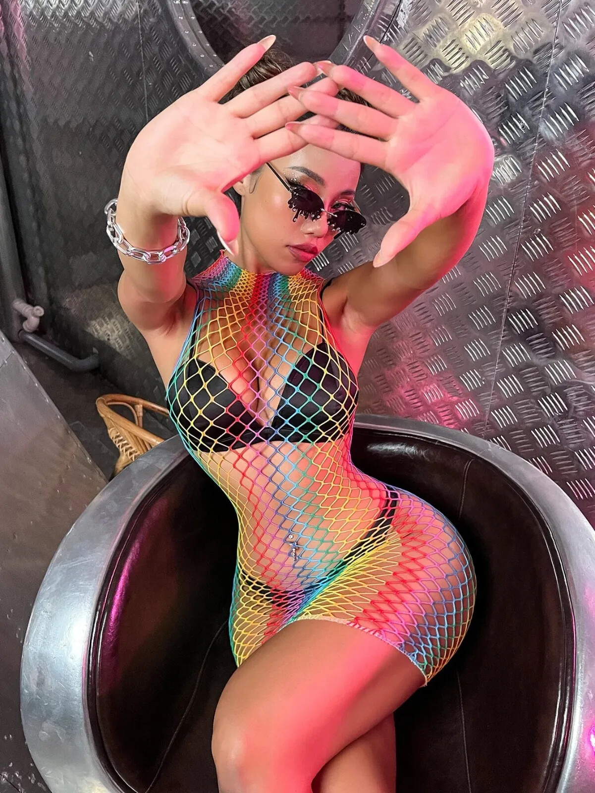 Sexy LGBT Rainbow Pride Hollow Out Net Dress Baby Doll No Lingerie US SELLER